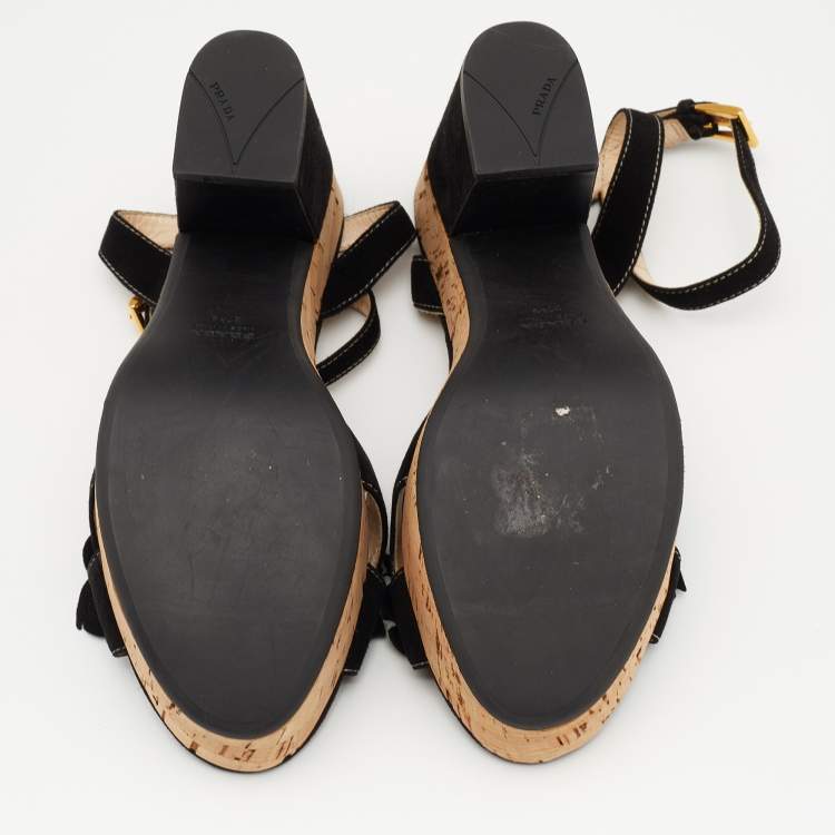 Pre Owned Prada Multicolor Suede Flower Applique Ankle Strap Platform Sandals Size 37.5