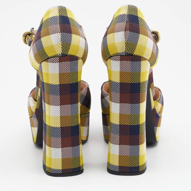 Pre Owned Prada Multicolor Check Canvas Platform Ankle Strap Pumps Size 41