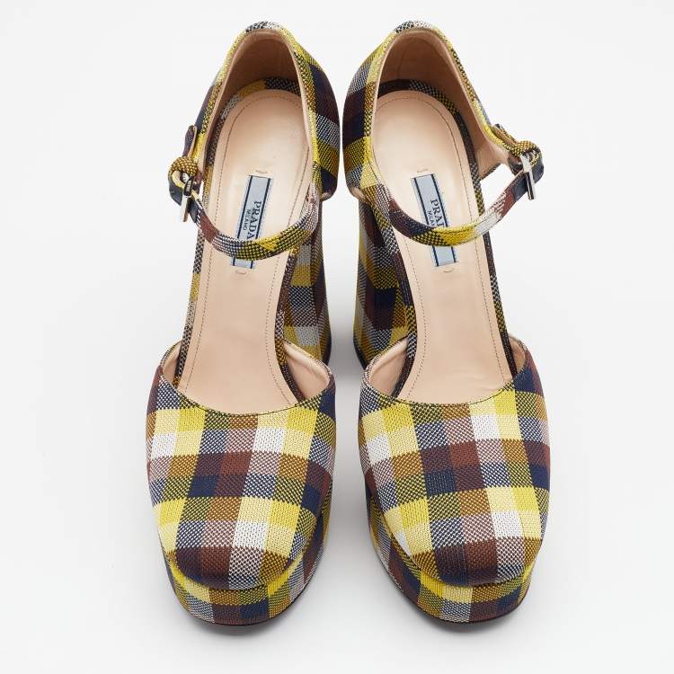 Pre Owned Prada Multicolor Check Canvas Platform Ankle Strap Pumps Size 41