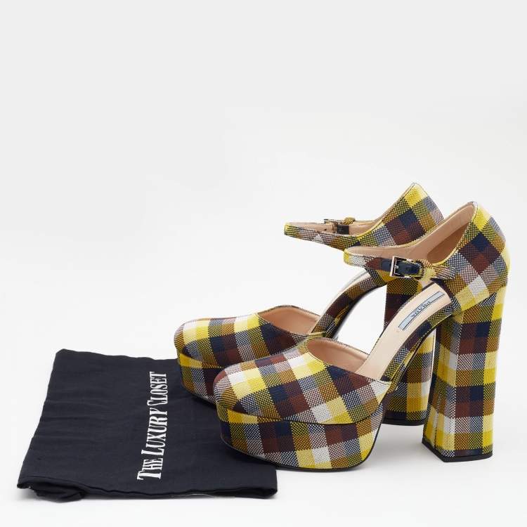 Pre Owned Prada Multicolor Check Canvas Platform Ankle Strap Pumps Size 41