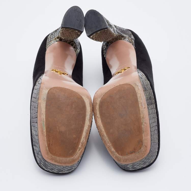 Pre Owned Prada Black/Grey Suede and Python Block Heel Platform Pumps Size 38