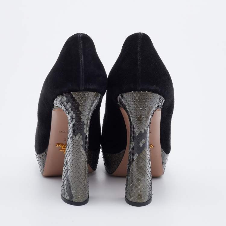 Pre Owned Prada Black/Grey Suede and Python Block Heel Platform Pumps Size 38