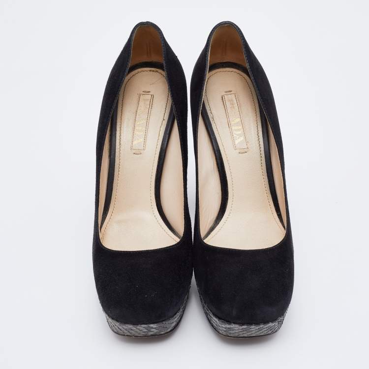Pre Owned Prada Black/Grey Suede and Python Block Heel Platform Pumps Size 38
