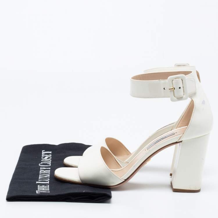 Pre Owned Prada Off-White Patent Leather Ankle-Strap Sandals Size 38