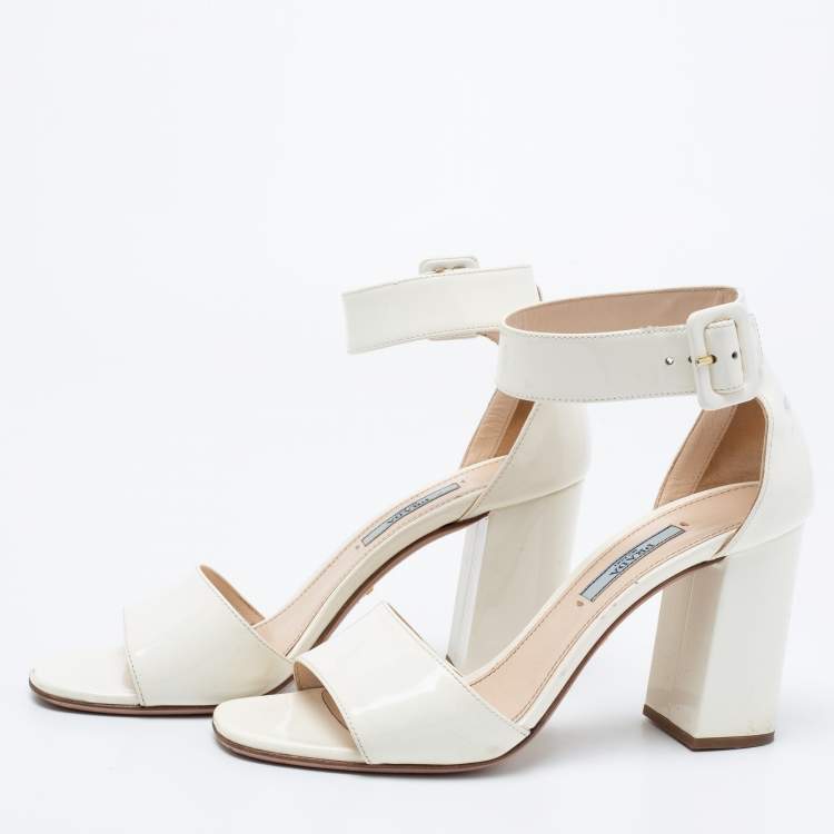 Pre Owned Prada Off-White Patent Leather Ankle-Strap Sandals Size 38