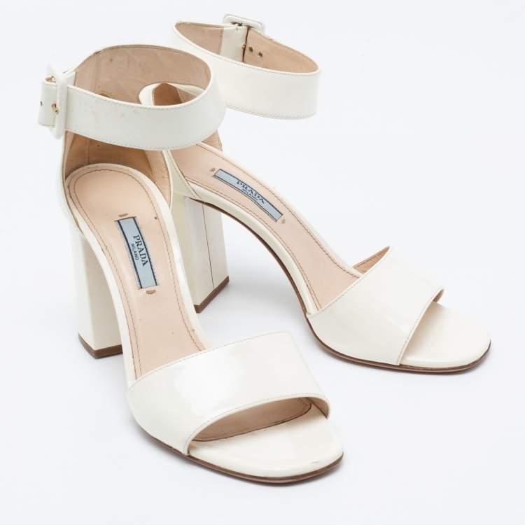 Pre Owned Prada Off-White Patent Leather Ankle-Strap Sandals Size 38