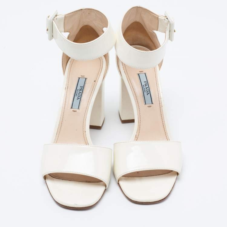 Pre Owned Prada Off-White Patent Leather Ankle-Strap Sandals Size 38