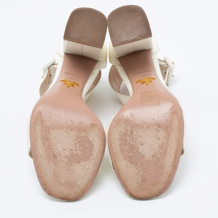 Pre Owned Prada Off-White Patent Leather Ankle-Strap Sandals Size 38