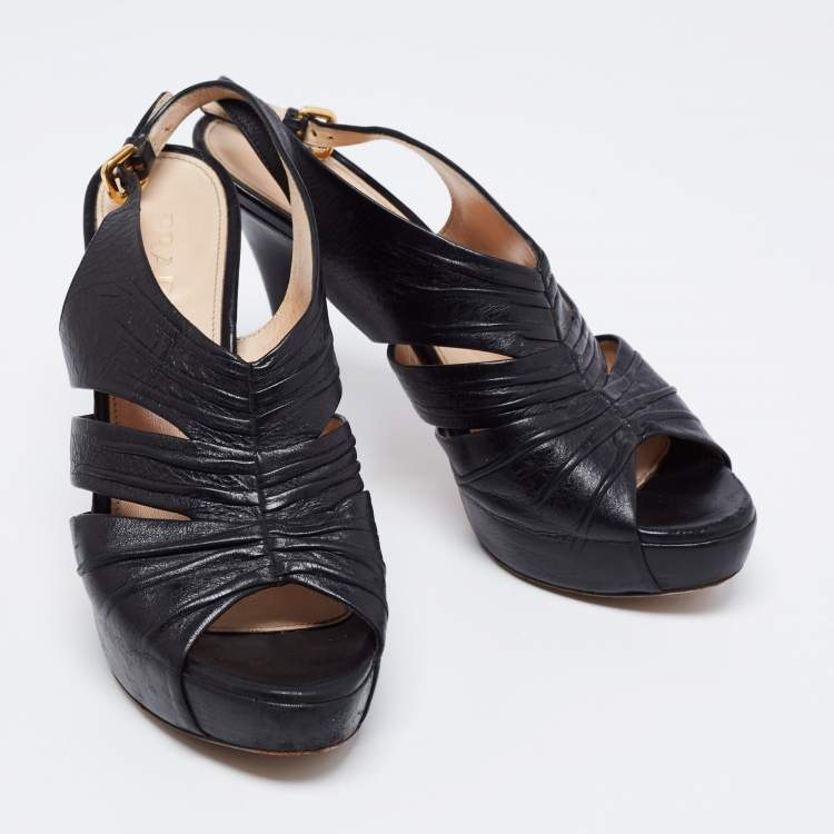 Pre Owned Prada Black Leather Strappy Open Toe Slingback Platform Sandals Size 37.5