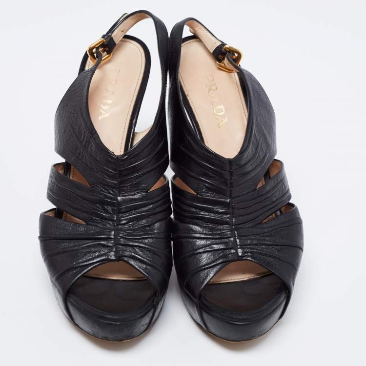 Pre Owned Prada Black Leather Strappy Open Toe Slingback Platform Sandals Size 37.5