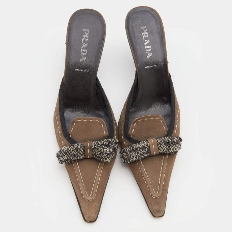 Pre Owned Prada Vintage Grey Suede Tweed Bow Mules Size 36.5