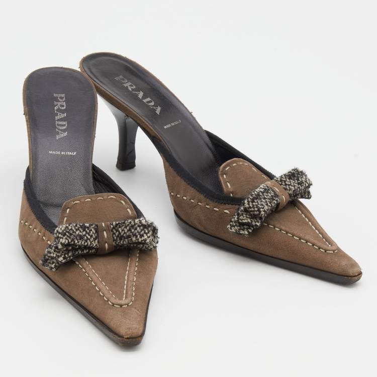 Pre Owned Prada Vintage Grey Suede Tweed Bow Mules Size 36.5