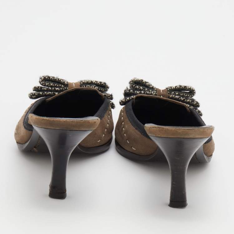 Pre Owned Prada Vintage Grey Suede Tweed Bow Mules Size 36.5