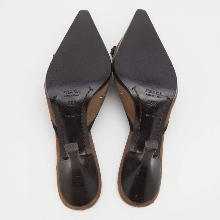 Pre Owned Prada Vintage Grey Suede Tweed Bow Mules Size 36.5