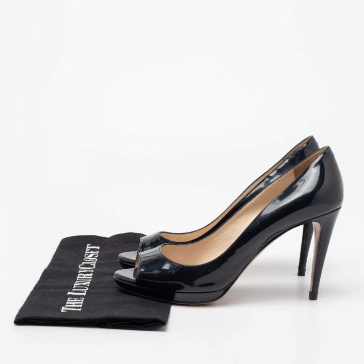 Pre Owned Prada Midnight Blue Patent Leather Peep-Toe Platform Pumps Size 38.5