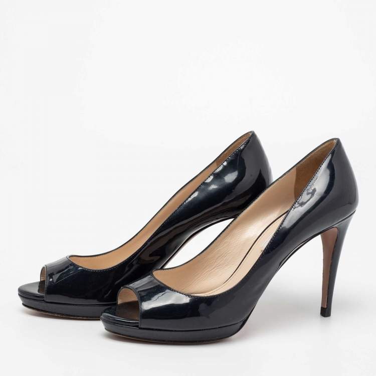 Pre Owned Prada Midnight Blue Patent Leather Peep-Toe Platform Pumps Size 38.5