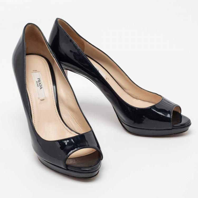 Pre Owned Prada Midnight Blue Patent Leather Peep-Toe Platform Pumps Size 38.5