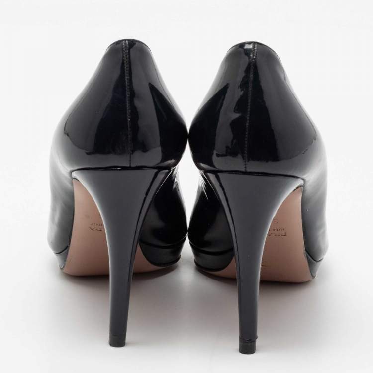 Pre Owned Prada Midnight Blue Patent Leather Peep-Toe Platform Pumps Size 38.5