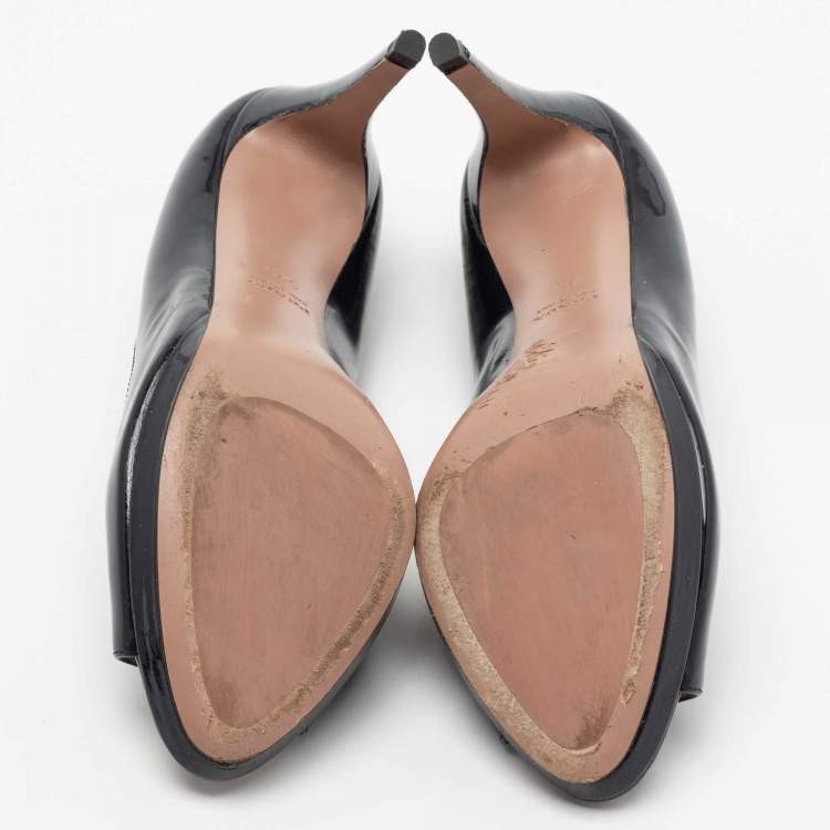 Pre Owned Prada Midnight Blue Patent Leather Peep-Toe Platform Pumps Size 38.5