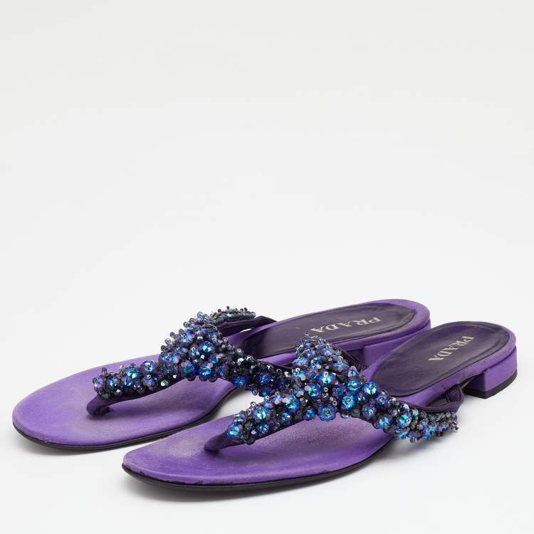 Pre Owned Prada Purple Satin Crystal Embellished Thong Flats Size 40.5