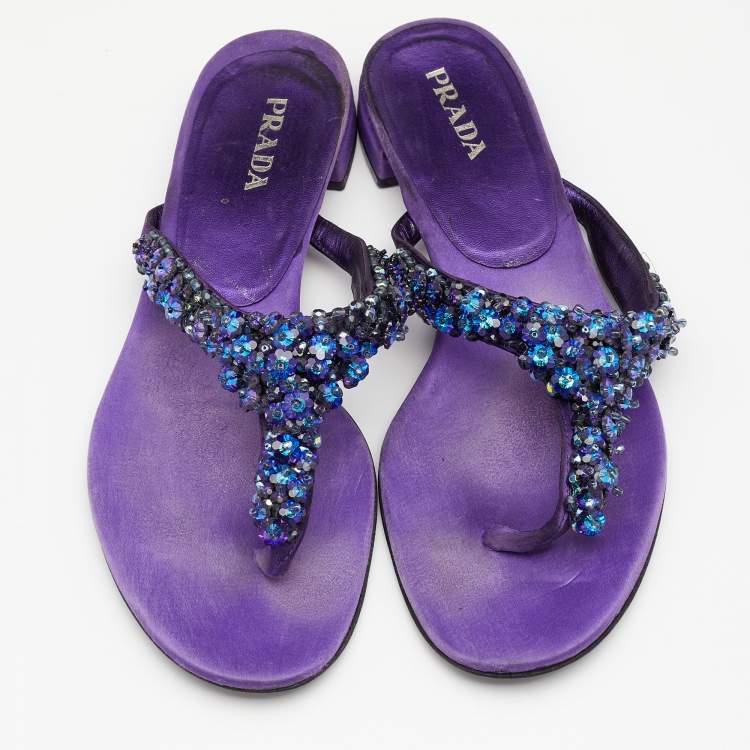 Pre Owned Prada Purple Satin Crystal Embellished Thong Flats Size 40.5