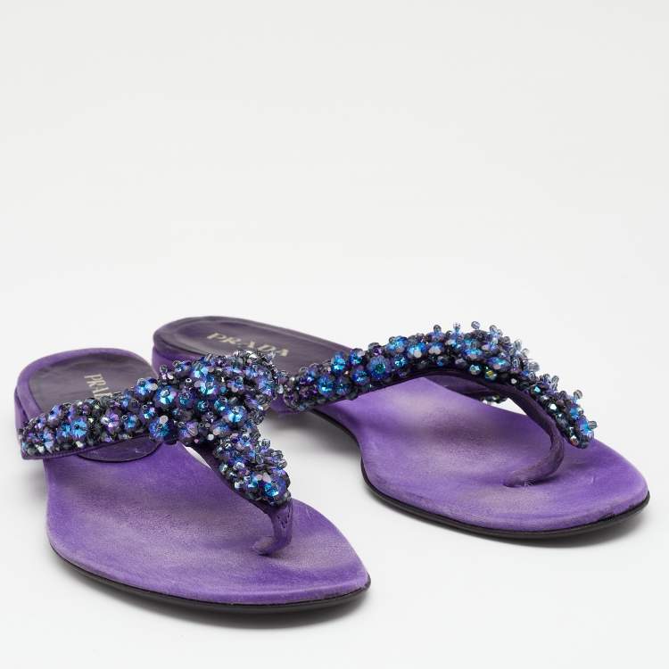 Pre Owned Prada Purple Satin Crystal Embellished Thong Flats Size 40.5