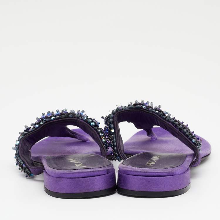 Pre Owned Prada Purple Satin Crystal Embellished Thong Flats Size 40.5