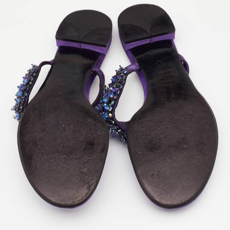 Pre Owned Prada Purple Satin Crystal Embellished Thong Flats Size 40.5