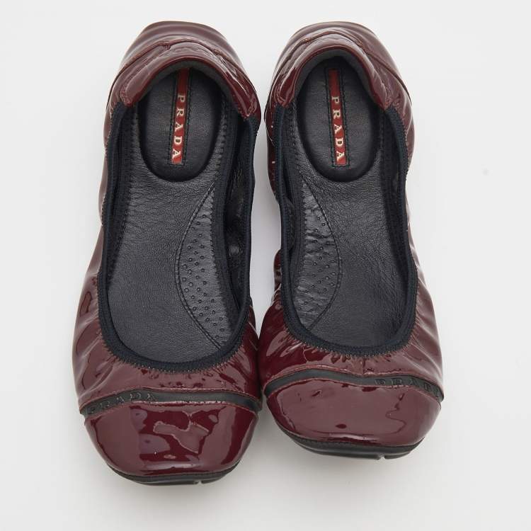 Pre Owned Prada Burgundy Patent Leather Scrunch Ballet Flats Size 39