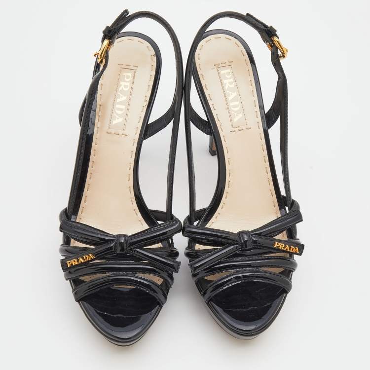 Pre Owned Prada Black Patent Leather Bow Platform Sandals Size 39