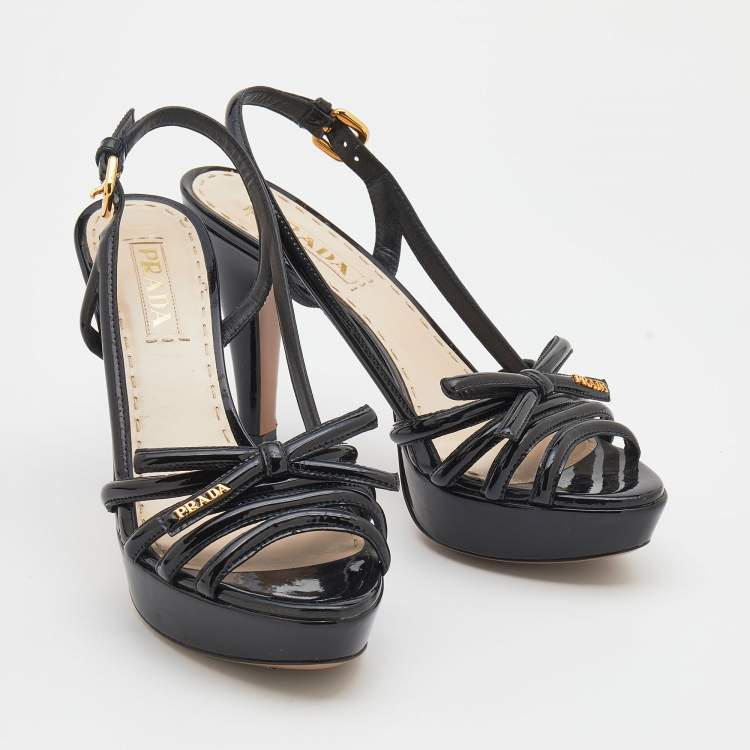 Pre Owned Prada Black Patent Leather Bow Platform Sandals Size 39