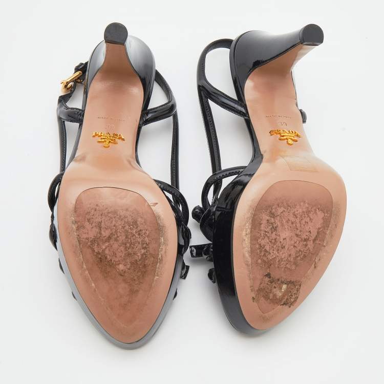 Pre Owned Prada Black Patent Leather Bow Platform Sandals Size 39