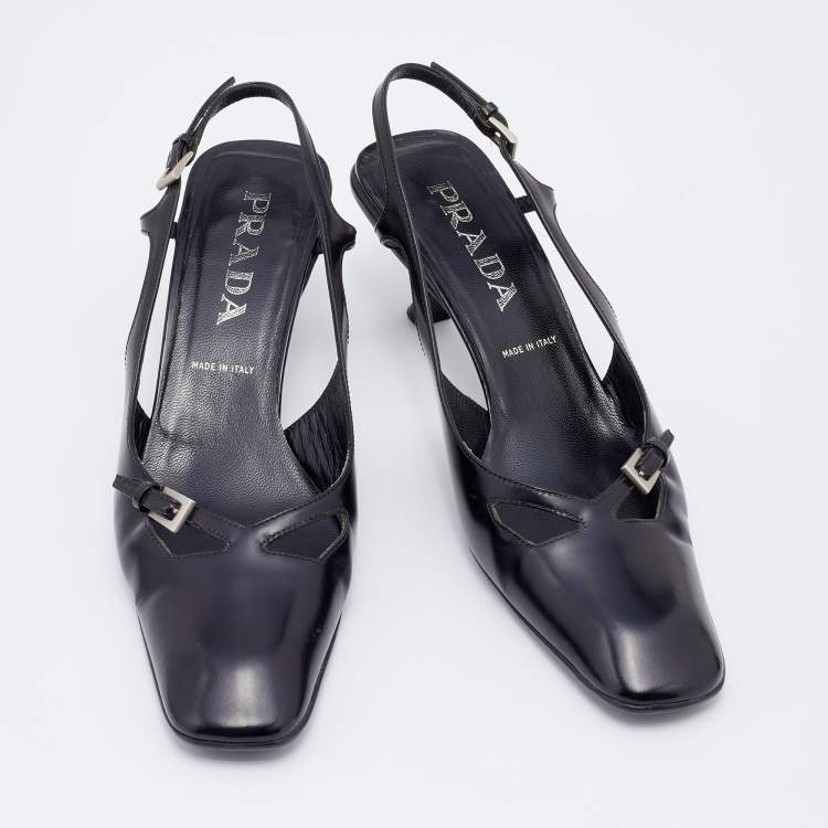 Pre Owned Prada Black Leather Square Toe Slingback Sandals Size 37.5