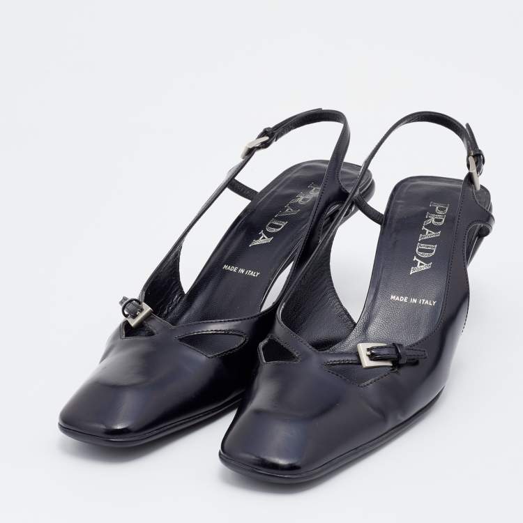 Pre Owned Prada Black Leather Square Toe Slingback Sandals Size 37.5