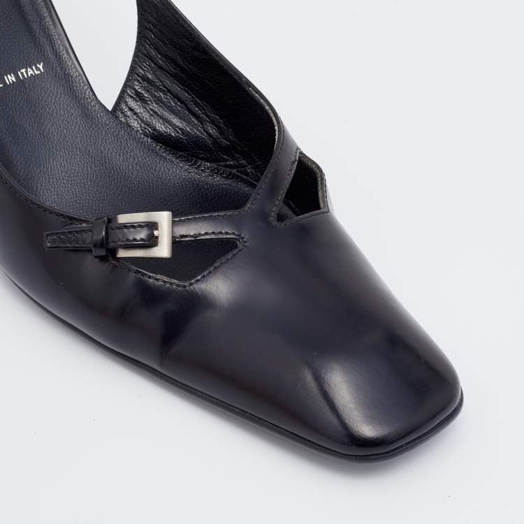Pre Owned Prada Black Leather Square Toe Slingback Sandals Size 37.5