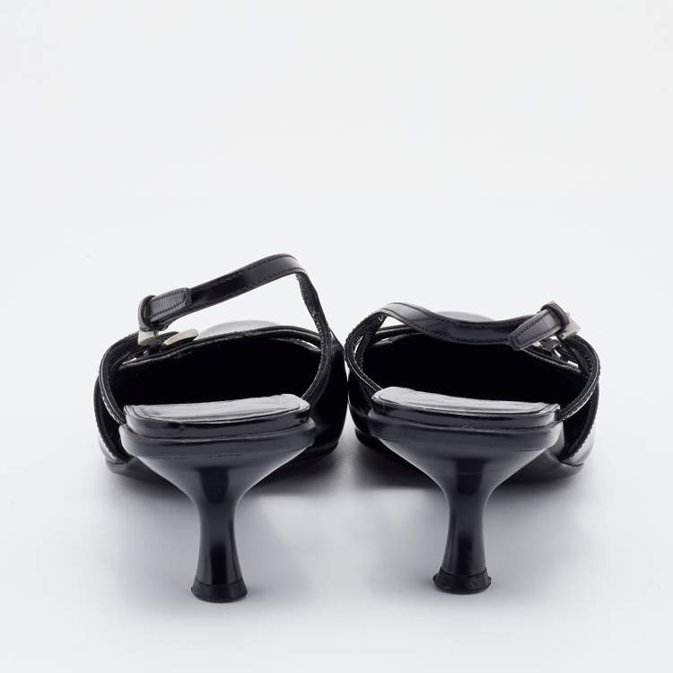 Pre Owned Prada Black Leather Square Toe Slingback Sandals Size 37.5