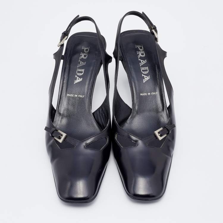 Pre Owned Prada Black Leather Square Toe Slingback Sandals Size 37.5