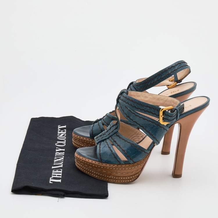 Pre Owned Prada Blue Leather Platform Strappy Sandals Size 39