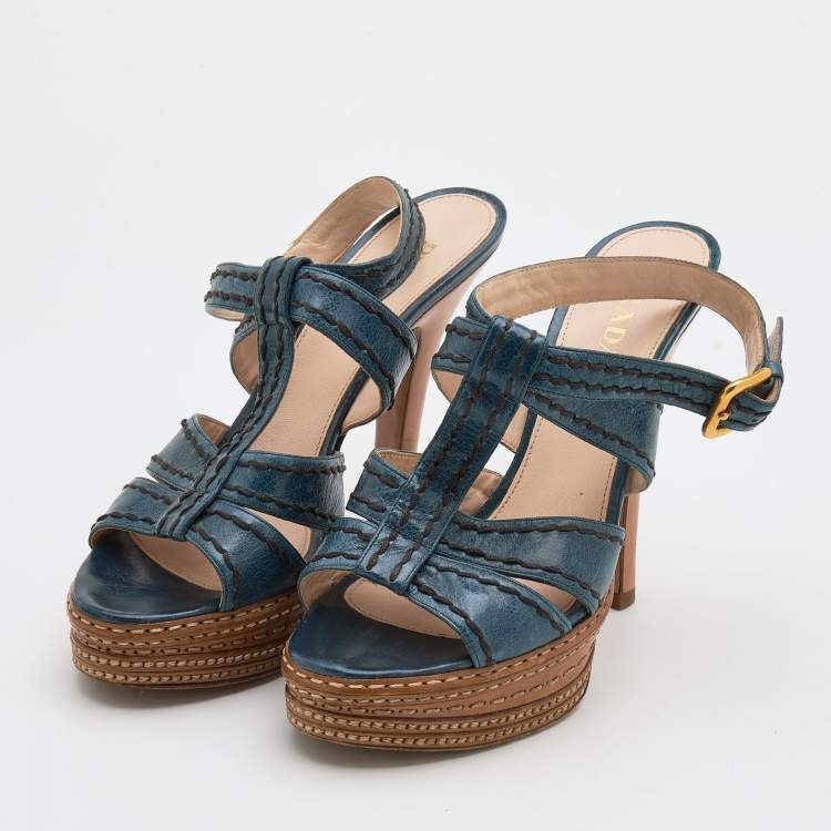 Prada Blue Leather Platform Strappy Sandals Size 39 Prada | TLC