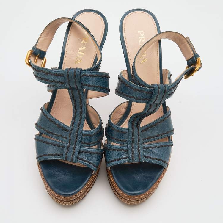 Pre Owned Prada Blue Leather Platform Strappy Sandals Size 39