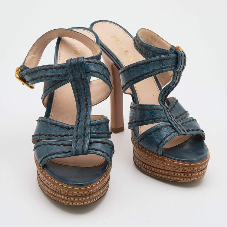 Pre Owned Prada Blue Leather Platform Strappy Sandals Size 39