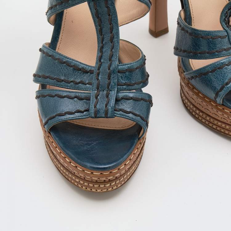 Pre Owned Prada Blue Leather Platform Strappy Sandals Size 39