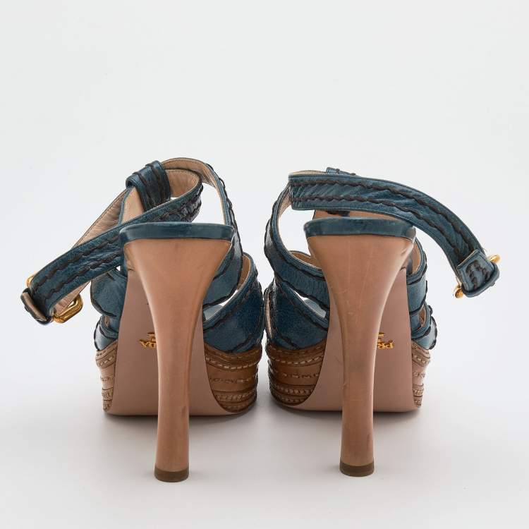 Pre Owned Prada Blue Leather Platform Strappy Sandals Size 39