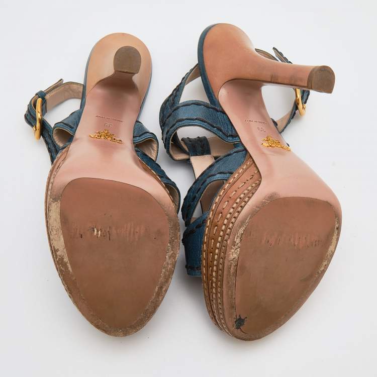 Pre Owned Prada Blue Leather Platform Strappy Sandals Size 39