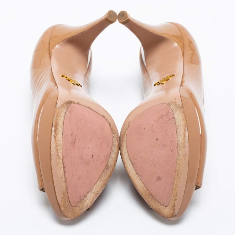 Pre Owned Prada Beige Patent Leather Peep Toe Pumps Size 37.5