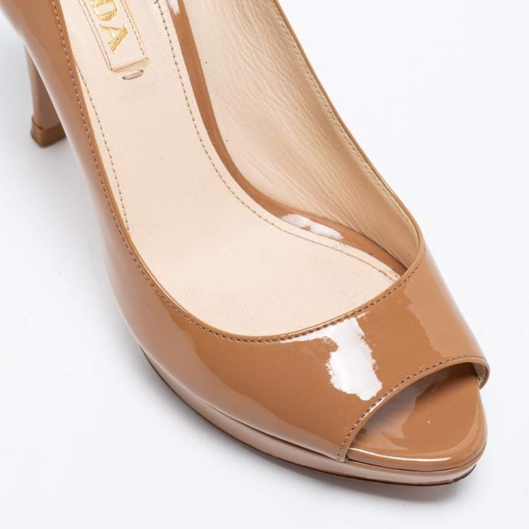 Pre Owned Prada Beige Patent Leather Peep Toe Pumps Size 37.5