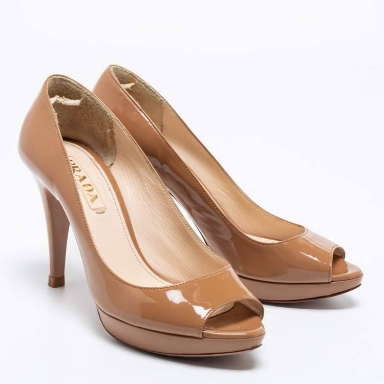 Pre Owned Prada Beige Patent Leather Peep Toe Pumps Size 37.5