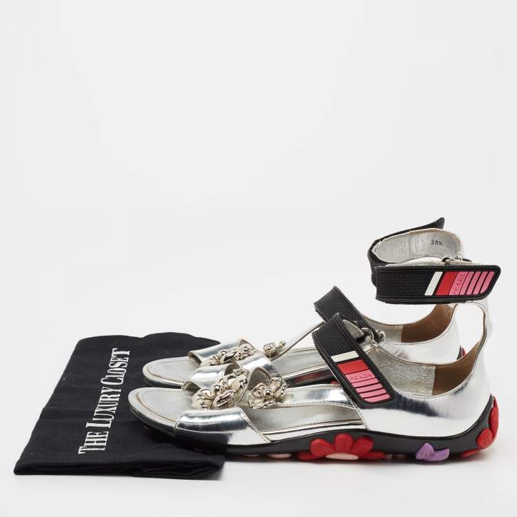 Pre Owned Prada Silver Patent Leather Flower Embellished Ankle Strap Sandals Size 38.5
