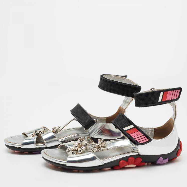 Prada Silver Patent Leather Flower Embellished Ankle Strap Sandals