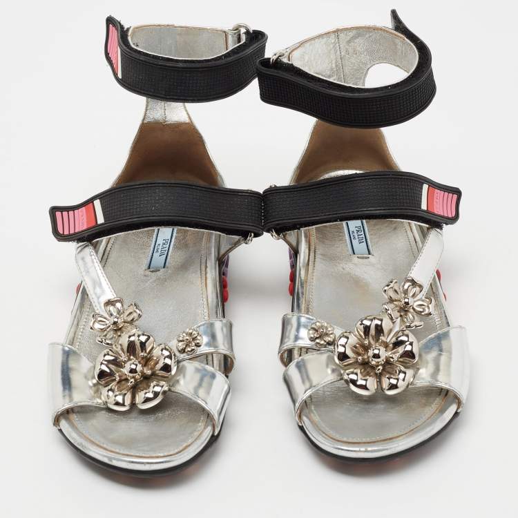 Pre Owned Prada Silver Patent Leather Flower Embellished Ankle Strap Sandals Size 38.5